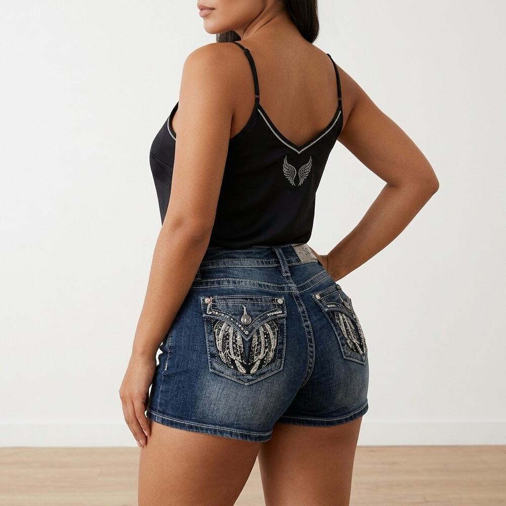 Miss Me Denim Shorts Size 30 Embroidered Bling Pockets Stretch Y2K